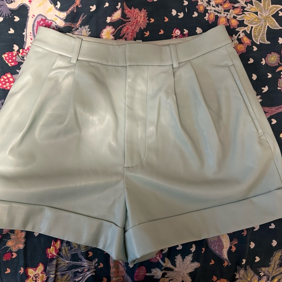 Alice + Olivia Conry Vegan Leather Teal Pleated Cuff Shorts - Picture 2 of 7